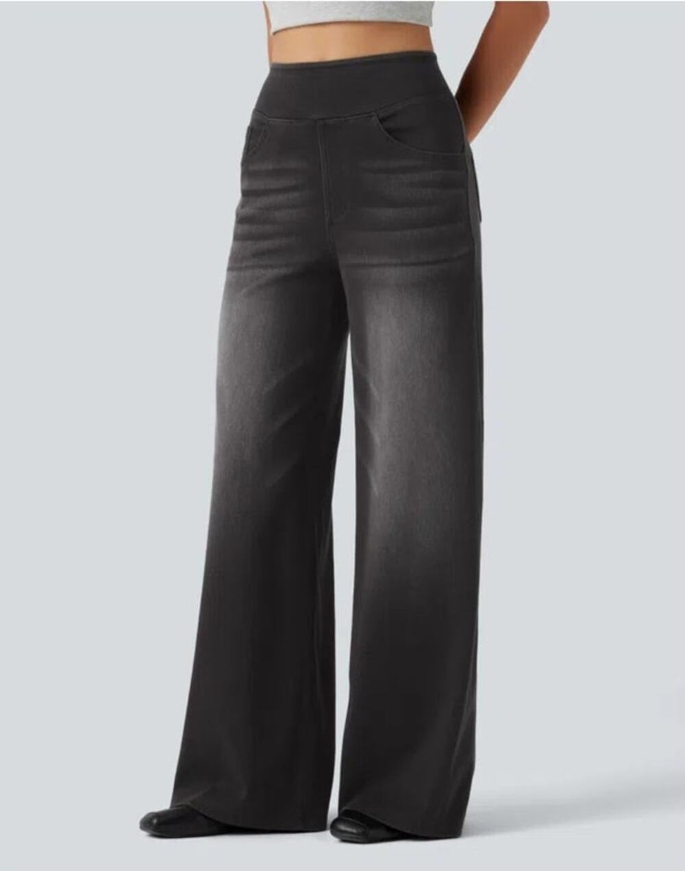 Halara Flex™ High Waisted Pockets Baggy Wide Leg Black Washed Casual Jeans Large